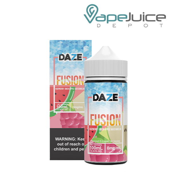 A Box of ICED Raspberry Green Apple Watermelon 7 Daze Fusion with a warning sign and a 100ml bottle next to it - Vape Juice Depot
