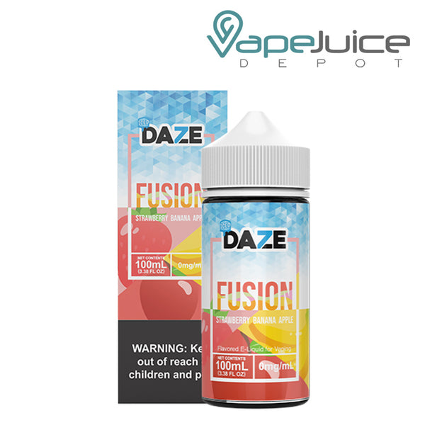 A box of ICED Strawberry Banana Apple 7 Daze Fusion with a warning sign and a 100ml bottle next to it - Vape Juice Depot