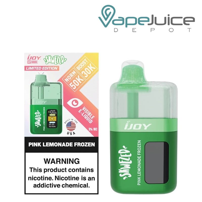 A Box of Pink Lemonade Frozen  iJoy XP50000 SKWEZED Edition Disposable with a warning sign and a device next to it - Vape Juice Depot