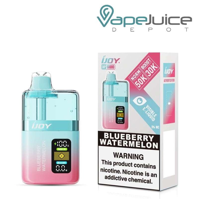 A Box of Blueberry Watermelon iJoy XP50000 Disposable and a box with a warning sign next to it - Vape Juice Depot