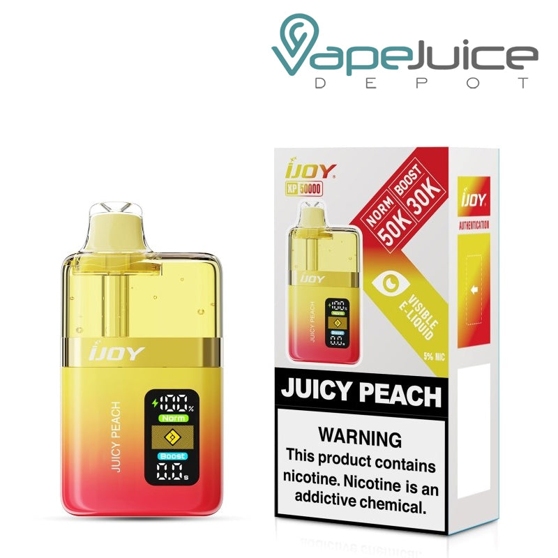 A Box of Juicy Peach iJoy XP50000 Disposable and a box with a warning sign next to it - Vape Juice Depot