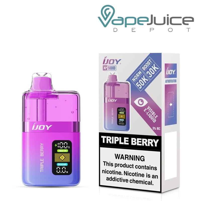 A Box of Triple Berry iJoy XP50000 Disposable and a box with a warning sign next to it - Vape Juice Depot