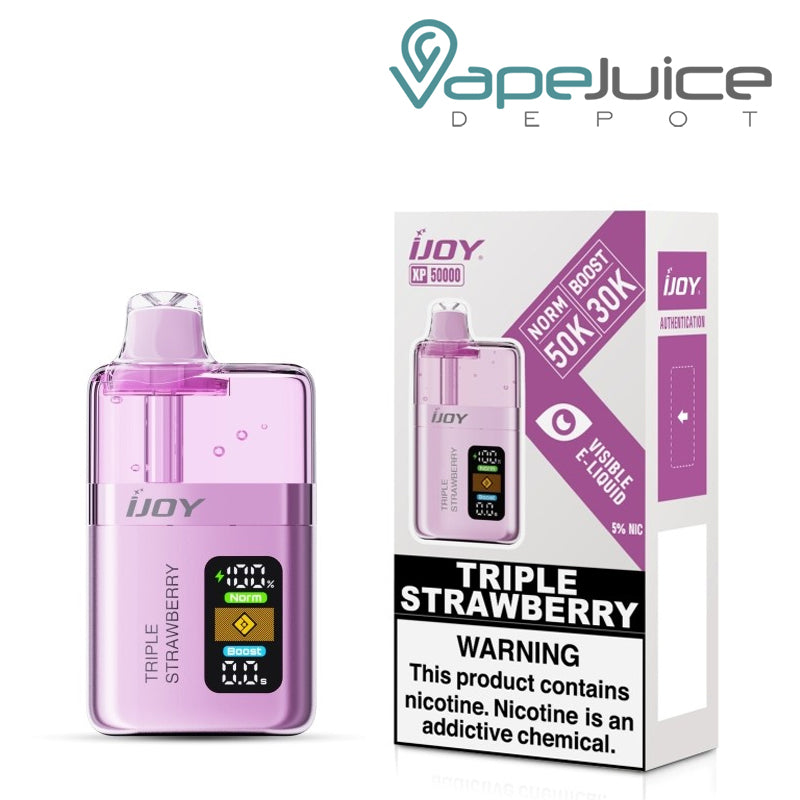 A Box of Triple Strawberry iJoy XP50000 Disposable and a box with a warning sign next to it - Vape Juice Depot