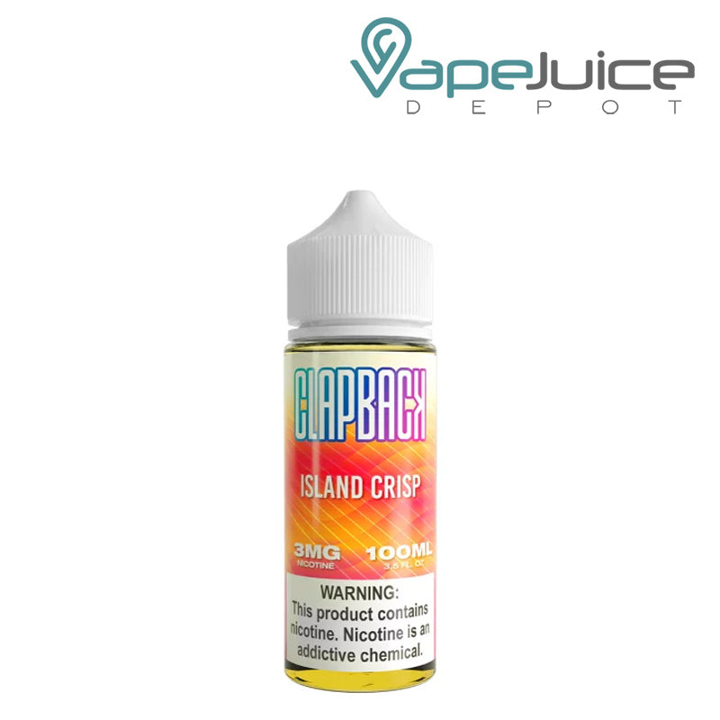 A 100ml bottle of Island Crisp SVRF ClapBack TFN eLiquid with a warning sign - Vape Juice Depot