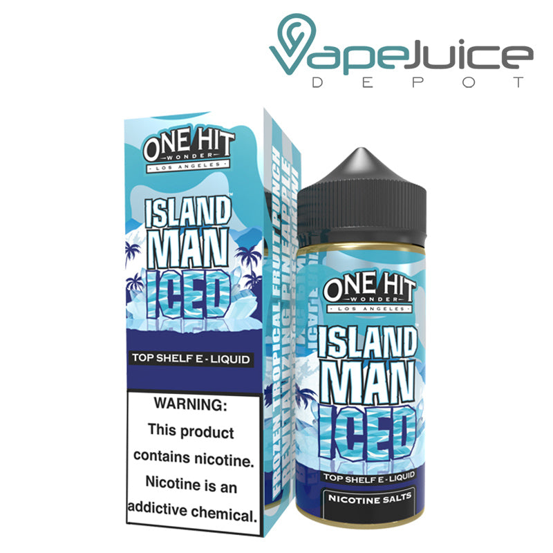 A box of Island Man ICED One Hit Wonder with a warning sign and a 100ml bottle next to it - Vape Juice Depot