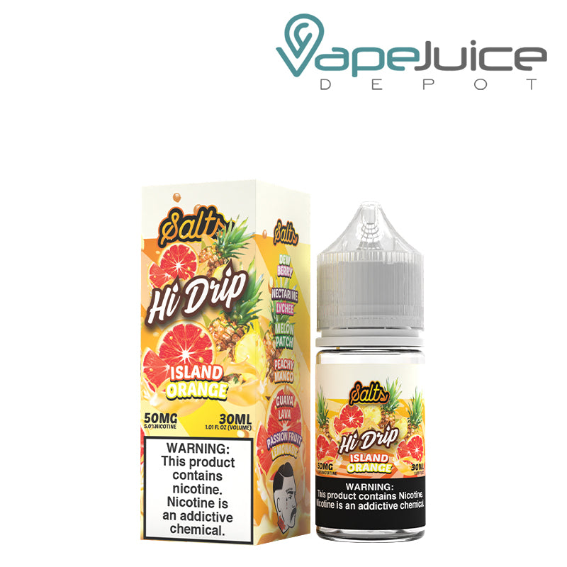 A box of 50mg Island Orange Hi-Drip Salts and a 30ml bottle with a warning sign next to it - Vape Juice Depot