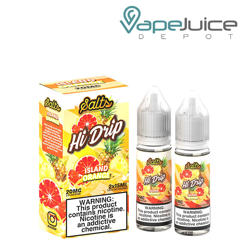 A box of Island Orange Hi-Drip Salts and two 15ml bottles with a warning sign next to it - Vape Juice Depot
