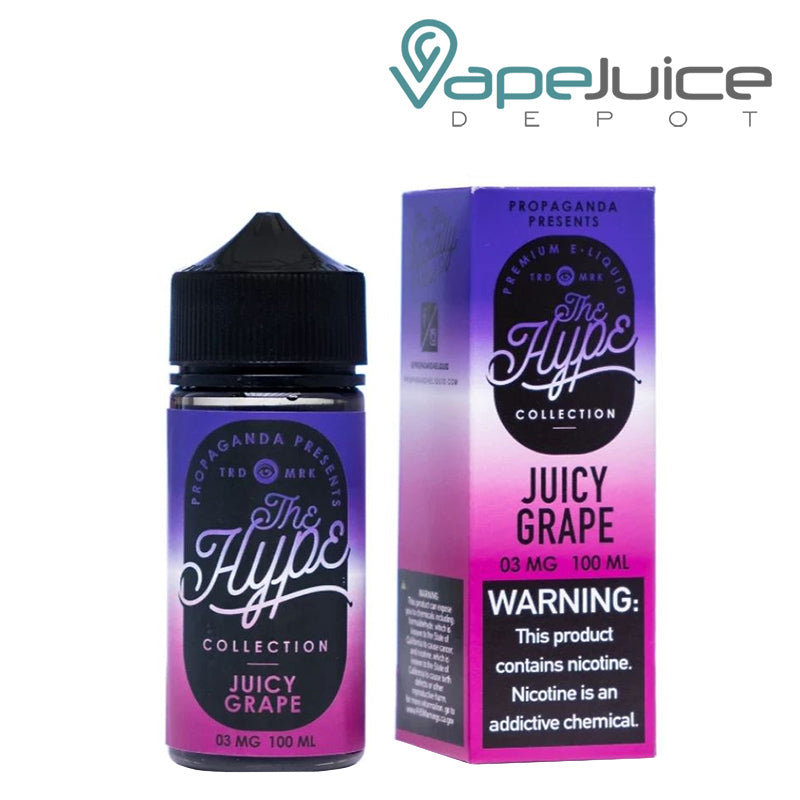 A 100ml bottle of JUICY GRAPE Propaganda The Hype eLiquid and a box with a warning sign next to it - Vape Juice Depot