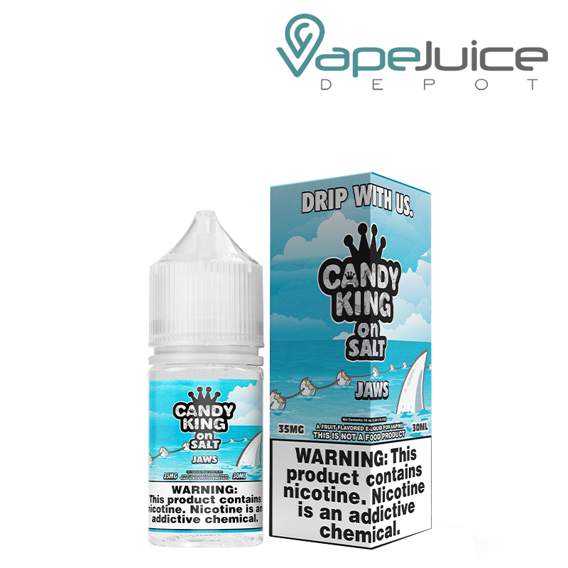 A 30ml bottle of Jaws Candy King On Salt and a box with a warning sign next to it - Vape Juice Depot