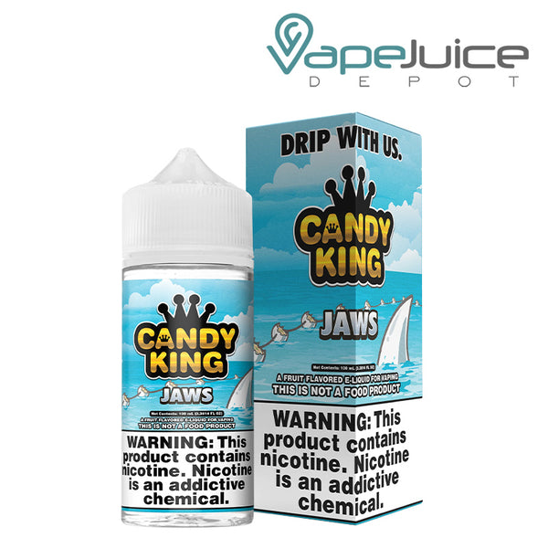 A 100ml bottle of Jaws Candy King eLiquid and a box with a warning sign next to it - Vape Juice Depot