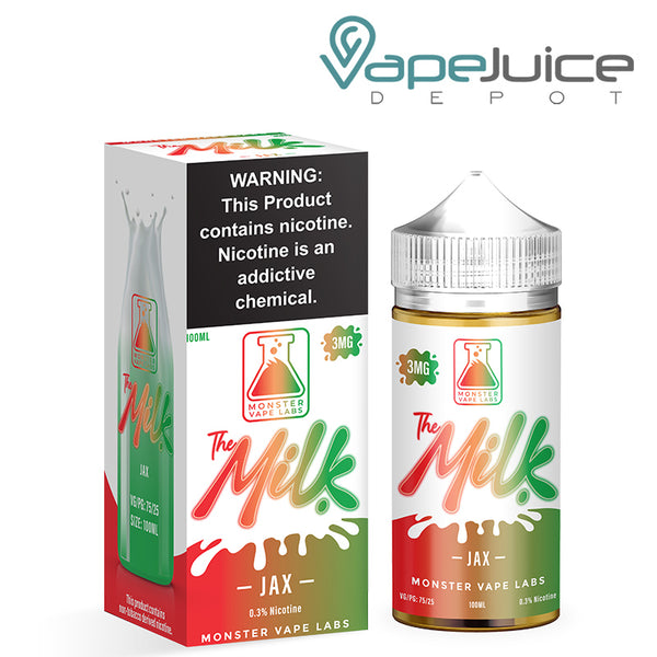 A box of Jax The Milk TFN eLiquid with a warning sign and a 100ml bottle next to it - Vape Juice Depot