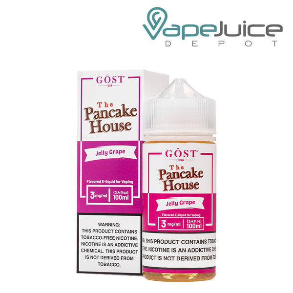 A box of Jelly Grape The Pancake House with a warning sign and a 100ml bottle with a warning sign next to it - Vape Juice Depot