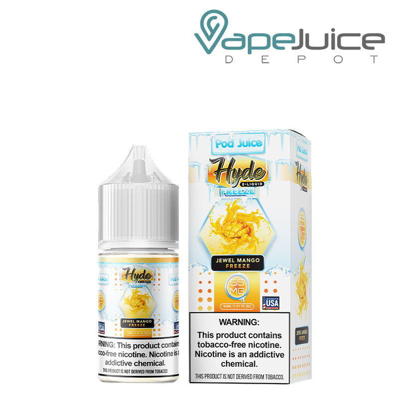 A 30ml bottle of Jewel Mango Freeze Hyde Pod Juice TFN Salt and a box with a warning sign next to it - Vape Juice Depot