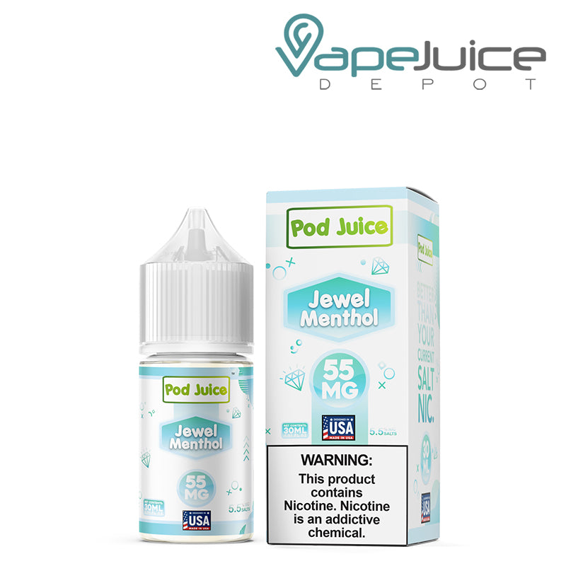 A 30ml bottle of Jewel Menthol Pod Juice TFN Salt and a box with a warning sign next to it - Vape Juice Depot