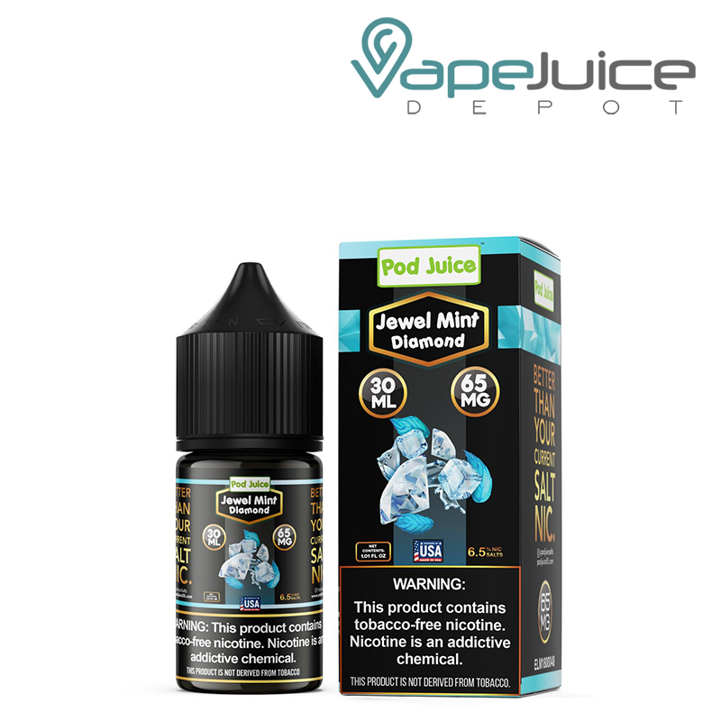 A 30ml bottle of Jewel Mint Diamond Pod Juice TFN Salt 65mg and a box with a warning sign next to it - Vape Juice Depot