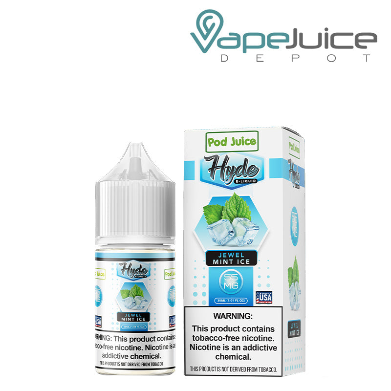A 30ml bottle of Jewel Mint Ice Hyde Pod Juice TFN Salt and a box with a warning sign next to it - Vape Juice Depot