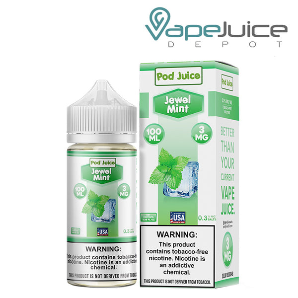 A 100ml bottle of Jewel Mint Pod Juice TFN and a box with a warning sign - Vape Juice Depot