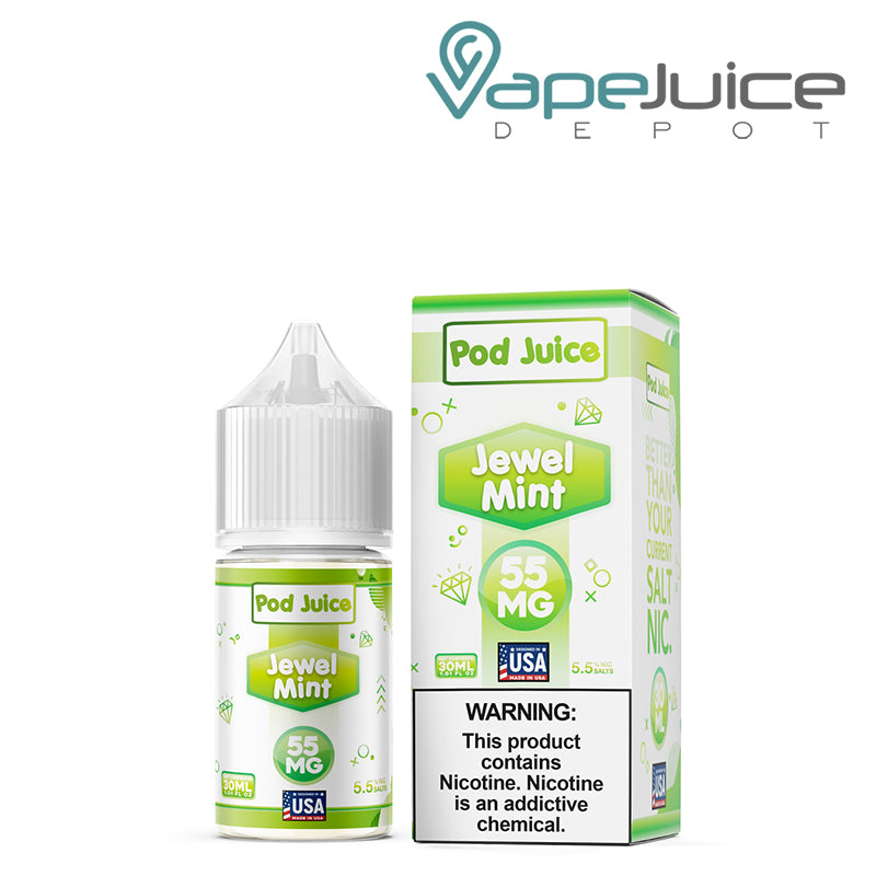 A 30ml bottle of Jewel Mint Pod Juice TFN Salt and a box with a warning sign next to it - Vape Juice D