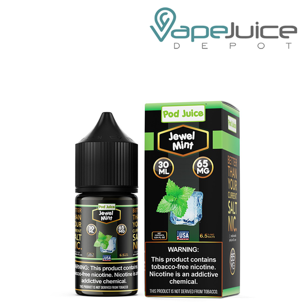 A 30ml bottle of Jewel Mint Pod Juice TFN Salt 65mg and a box with a warning sign next to it - Vape Juice Depot