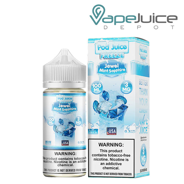 A 100ml bottle of Jewel Mint Sapphire Pod Juice TFN with a warning sign and a box next to it - Vape Juice Depot