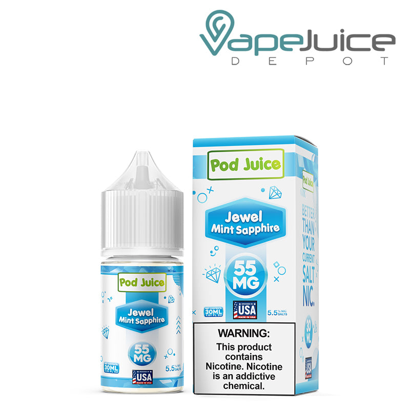 A 30ml bottle of Jewel Mint Sapphire Pod Juice TFN Salt and a box with a warning sign next to it - Vape Juice Depot