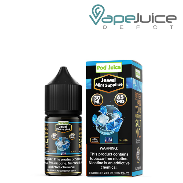 A 30ml bottle of Jewel Mint Sapphire Pod Juice TFN Salt 65mg and a box with a warning sign next to it - Vape Juice Depot