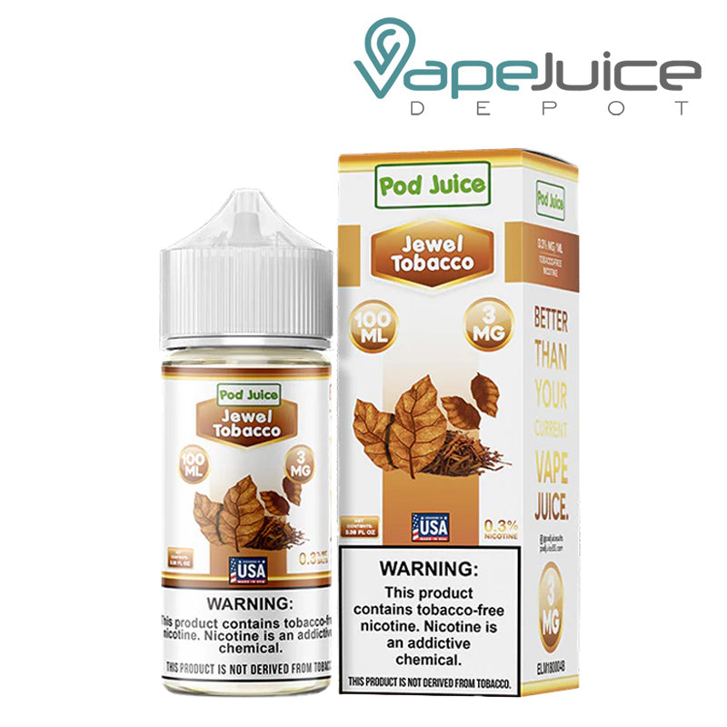 A 100ml bottle of Jewel Tobacco Pod Juice TFN with a warning sign and a box next to it - Vape Juice Depot