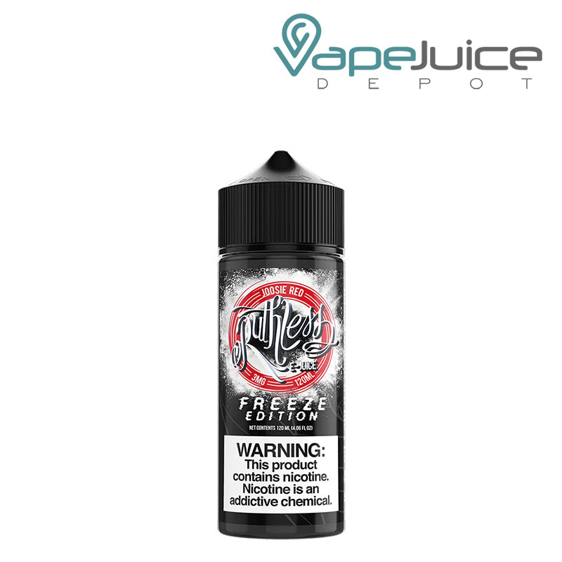 A 120ml bottle of Joosie Red Ruthless Freeze Edition with a warning sign - Vape Juice Depot