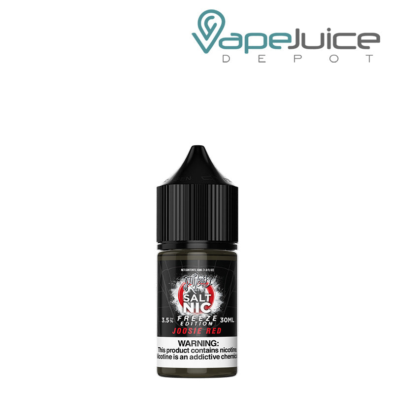 A 30ml bottle of Joosie Red Ruthless Freeze Salt with a warning sign - Vape Juice Depot