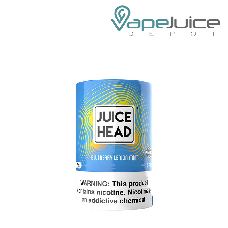 5 Pack of 6mg Juice Head Pouches Blueberry Lemon Mint with a warning sign - Vape Juice Depot