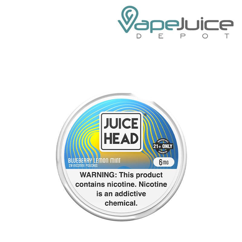 Single can of 6mg Juice Head Pouches Blueberry Lemon Mint with a warning sign - Vape Juice Depot