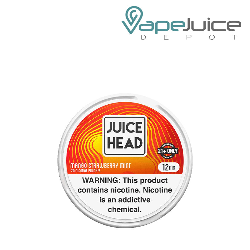 Single can of 12mg Juice Head Pouches Mango Strawberry Mint with a warning sign - Vape Juice Depot