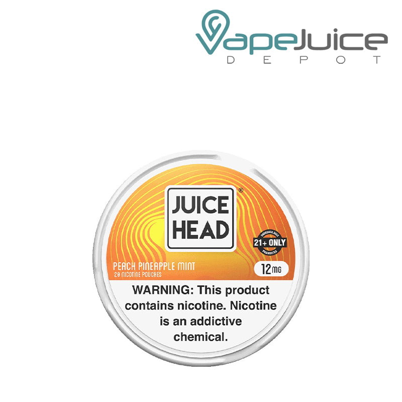 Single can of 12mg Juice Head Pouches Peach Pineapple Mint with a warning sign - Vape Juice Depot