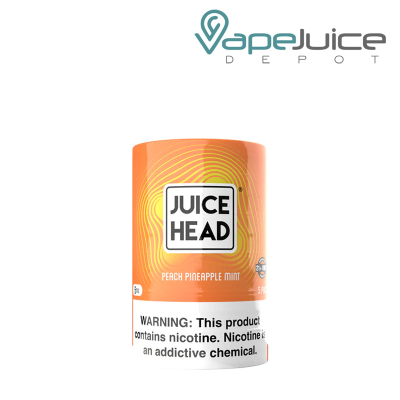 5 pack of 6mg Juice Head Pouches Peach Pineapple Mint with a warning sign - Vape Juice Depot