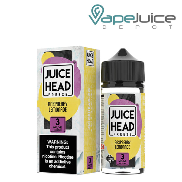 A box of Raspberry Lemonade Juice Head Freeze with a warning sign and a 100ml bottle next to it - Vape Juice Depot