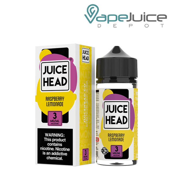 A box of Raspberry Lemonade Juice Head with a warning sign and a 100ml bottle next to it - Vape Juice Depot