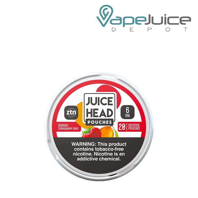 A Juice Head ZTN Pouches Mango Strawberry Mint 6mg with a warning sign - Vape Juice Depot