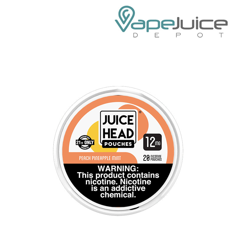 A Juice Head ZTN Pouches Peach Pineapple Mint 12mg with a warning sign - Vape Juice Depot