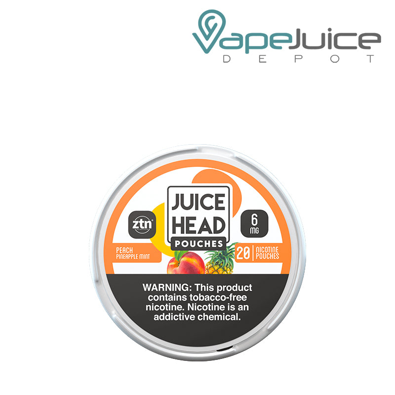 A Juice Head ZTN Pouches Peach Pineapple Mint 6mg with a warning sign - Vape Juice Depot