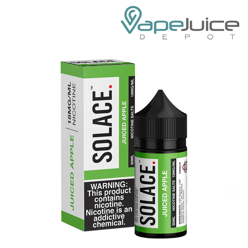 A box of Juiced Apple Solace Salts 18mg with a warning sign and a 30ml bottle next to it - Vape Juice Depot