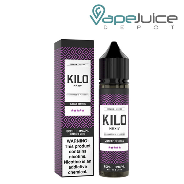 A box of Jungle Berries Kilo eLiquid with a warning sign and a 60ml bottle - Vape Juice Depot