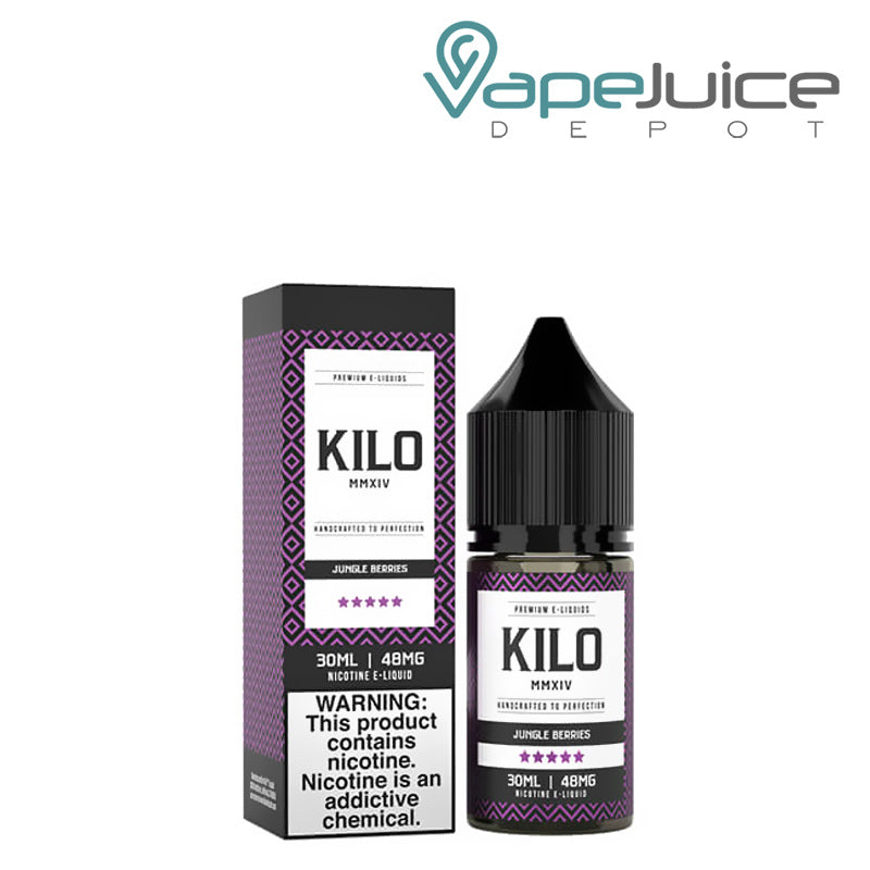 A box of Jungle Berries Salts Kilo eLiquid with a warning sign and a 30ml bottle next to it - Vape Juice Depot