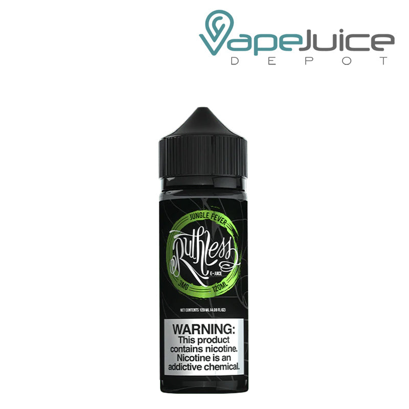 A 120ml bottle of Jungle Fever Ruthless Vapor with a warning sign - Vape Juice Depot