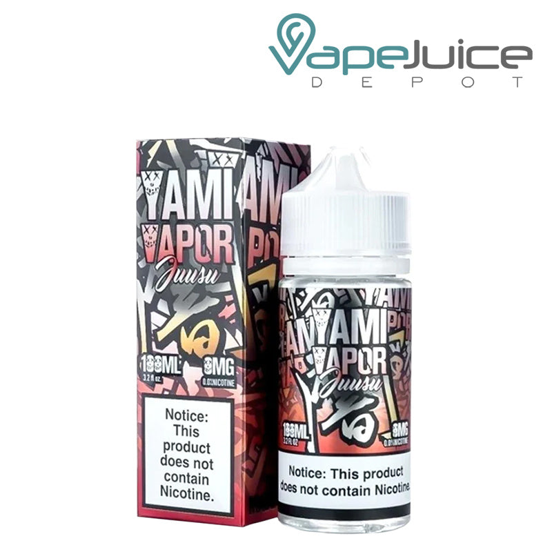 A box of Juusu Yami Vapor eLiquid and a 100ml bottle with a warning sign next to it - Vape Juice Depot