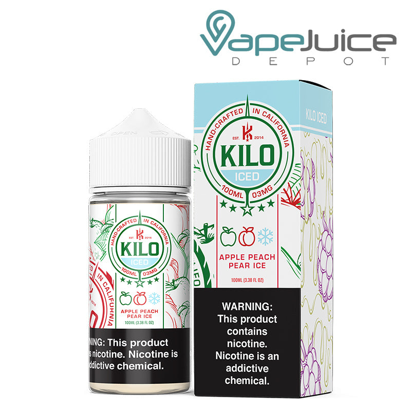 A 100ml bottle of Apple Peach Pear Ice Kilo eLiquid and a box with a warning sign next to it - Vape Juice Depot