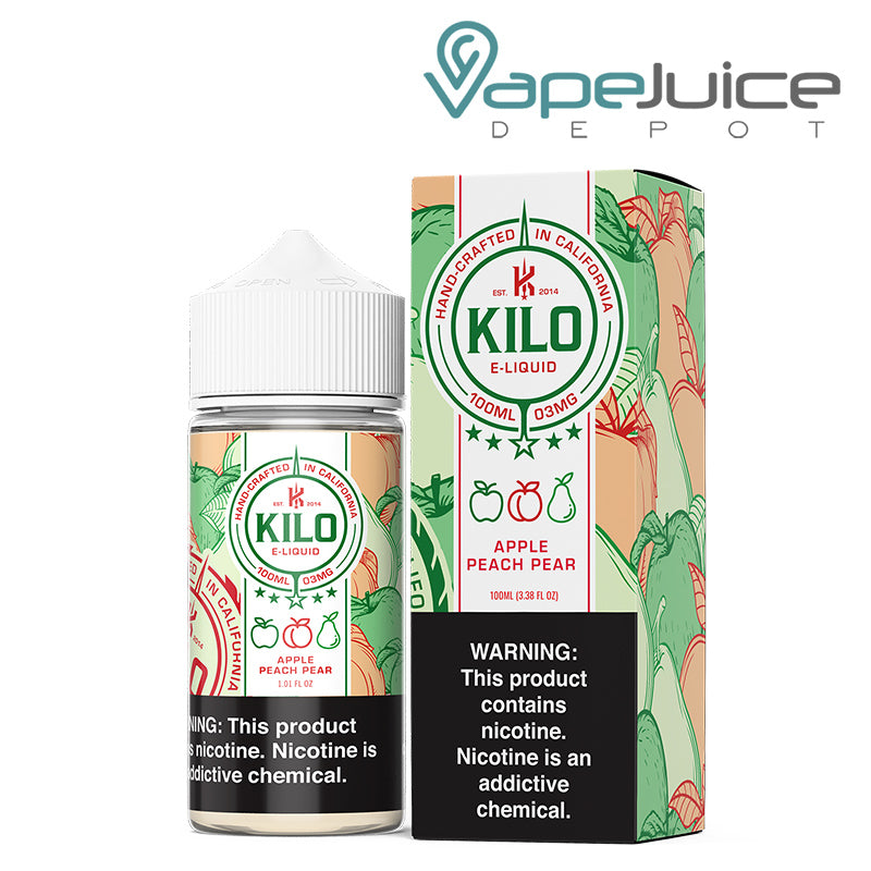 A 100ml bottle of Apple Peach Pear Kilo eLiquid and a box with a warning sign next to it - Vape Juice Depot