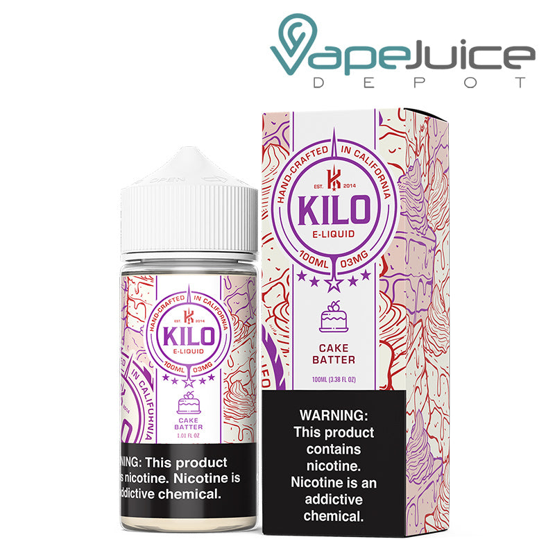 A 100ml bottle of Cake Batter Kilo eLiquid and a box with a warning sign next to it - Vape Juice Depot