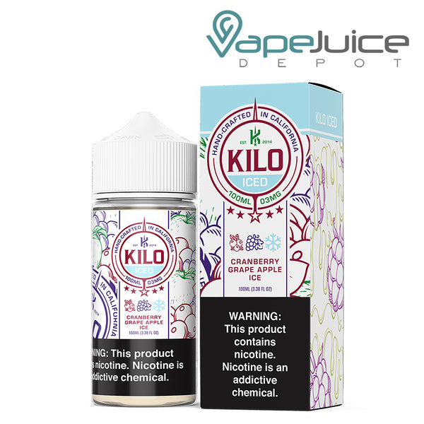 A 100ml bottle of Cranberry Grape Apple Ice Kilo eLiquid and a box with a warning sign next to it - Vape Juice Depot