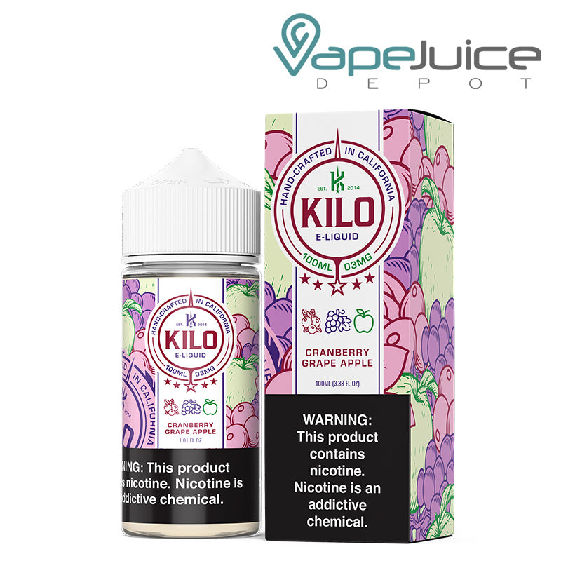 A 100ml bottle of Cranberry Grape Apple Kilo eLiquid and a box with a warning sign next to it - Vape Juice Depot
