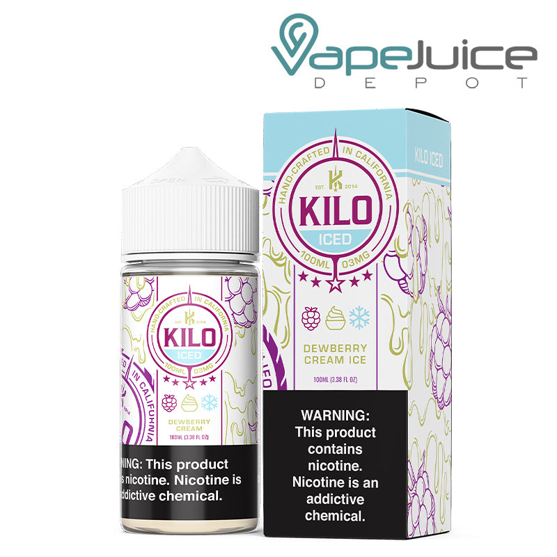 A 100ml bottle of Dewberry Cream Ice Kilo eLiquid and a box with a warning sign next to it - Vape Juice Depot